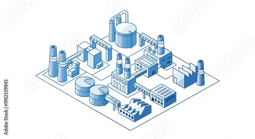 A detailed isometric blueprint illustration depicts a sprawling industrial factory complex featuring multiple chimneys and storage tanks in blue.