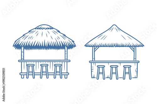 Two hand drawn tiki bar designs with thatched roofs and bar stools