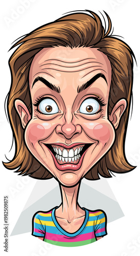 A vibrant cartoon caricature of a woman with an exaggerated wide smile, wide eyes, and wrinkled forehead, wearing a colorful striped shirt.