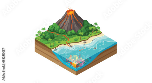 A detailed isometric tropical island features a smoking volcano erupting molten lava into the crystal clear ocean water above a colorful coral reef.