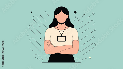 Professional individual with a name tag displaying a sense of determination