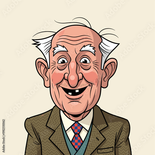 A cheerful, elderly gentleman with a warm smile and a missing front tooth, wearing a tweed jacket and a patterned tie.