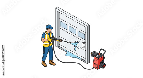 Dedicated service technician in a blue cap and safety vest operates a red high-pressure washing machine to clean a white sectional garage door well.