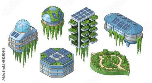 A series of floating architectural structures adorned with cascading green vines and large solar panels presented in a meticulous isometric vector style.