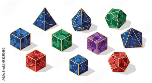 A collection of multifaceted geometric crystals with intricate cracked textures and elegant gold outlines displayed in a clean isometric perspective layout.