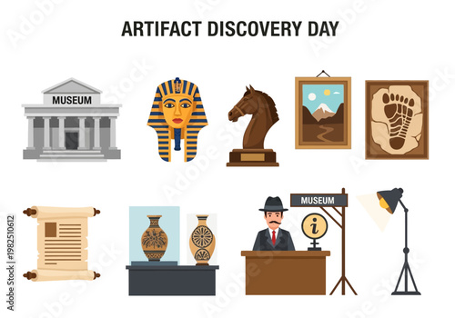 Museum Artifact Discovery Day illustrations and elements representing history and culture