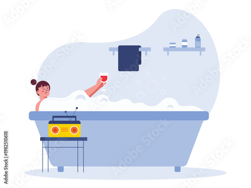 Girl relaxing in bathtub with foam bubbles in bathroom interior while listening to radio. Communication illustrations. Flat vector concepts.	