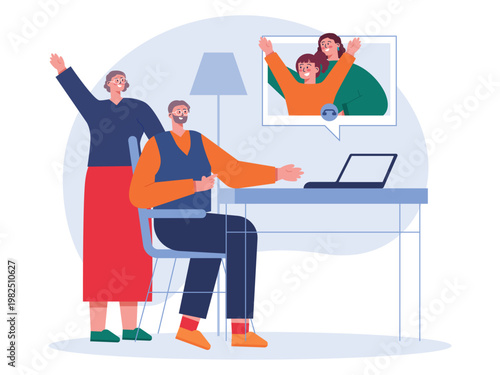 A happy family engaging in a video call. Communication illustrations. Flat vector concepts.	