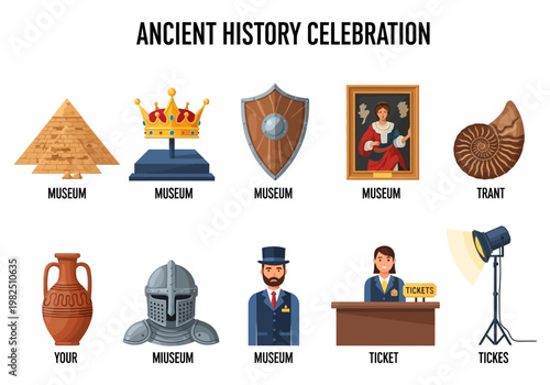 A delightful collection of ancient history museum icons, including artifacts, royal symbols, and educational displays