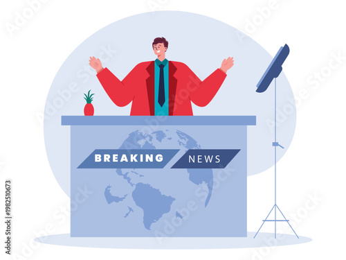 A male news anchor broadcasting from a television studio. Communication illustrations. Flat vector concepts.	