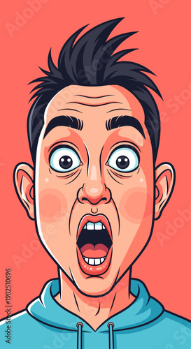 A close-up cartoon illustration of a man's face with a shocked expression, wide eyes, and an open mouth.