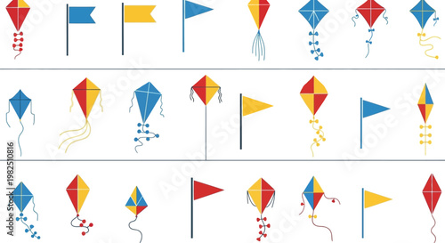 Collection of Colorful Kites and Decorative Flags for Outdoor Summer Activities.