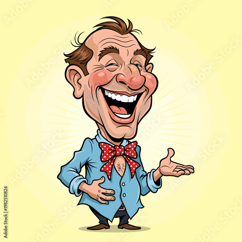 A cartoon illustration of a man with a large, laughing face, wearing a blue shirt and a red polka-dot bow tie.