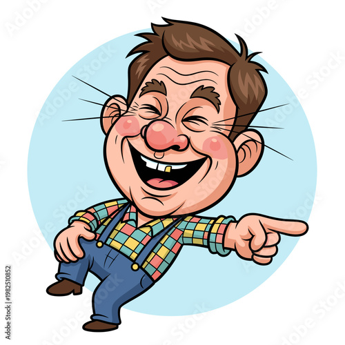 A cartoon illustration of a jovial, overweight man with rosy cheeks, laughing heartily and pointing with his index finger.