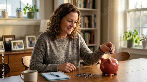 A woman is carefully adding coins to a small, red piggy bank on a wooden table. She is smiling and appears focused on her task.
