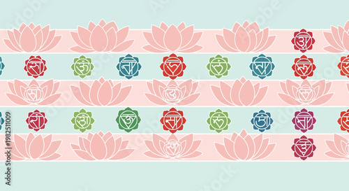 Seamless pattern with chakra symbols and lotus flowers.