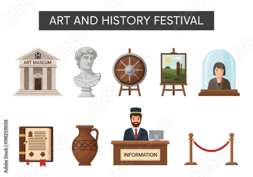 Art and History Festival Icons Museum, Bust, Wheel, Painting, Exhibit, Information Desk, and Artifacts