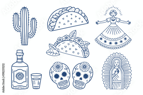 Set of hand drawn mexican culture icons with tacos and sugar skulls