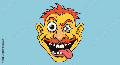 A cartoon illustration of a bizarre, yellow-faced man with wild red hair, a large mustache, and a distorted, grinning expression against a light blue background.