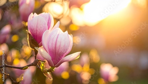 Pink magnolia blossoms in sunlight