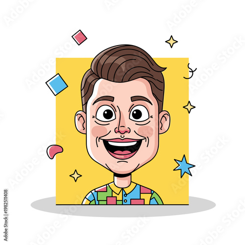 A vibrant cartoon illustration of a smiling man with rosy cheeks and a colorful patterned shirt, surrounded by confetti and stars.