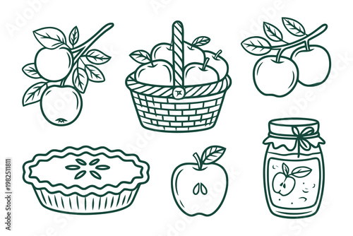 Set of black and white apple fruit hand drawn sketch style icons