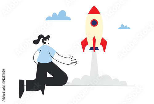 Woman watching rocket launch vector illustration for startup growth, business launch, innovation, and project success concept.
