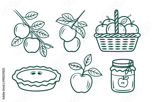 Hand drawn doodle set of fresh apples basket and sweet apple pie