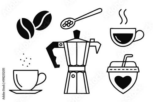 Black and white coffee icons set with moka pot and hot drink cups