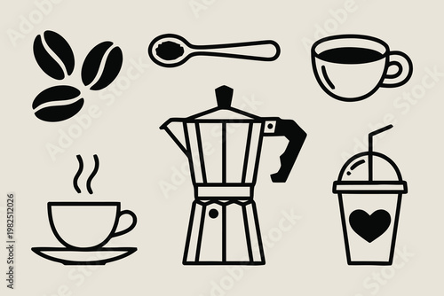 Set of black coffee icons with moka pot cup and coffee beans doodle