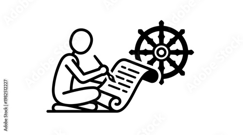 Person Writing on Scroll with Dharma Wheel