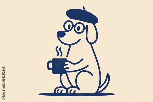 Cute dog wearing a beret and glasses holding a warm cup of coffee