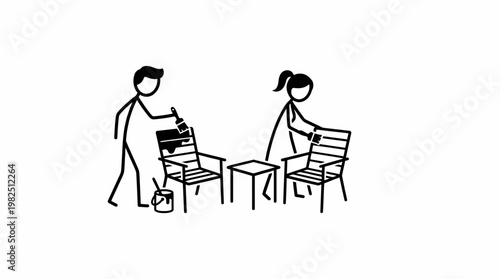 Couple Painting Outdoor Furniture in Simplified Style