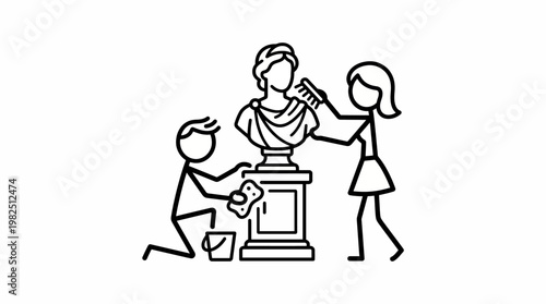 People Cleaning a Classical Bust in Black and White