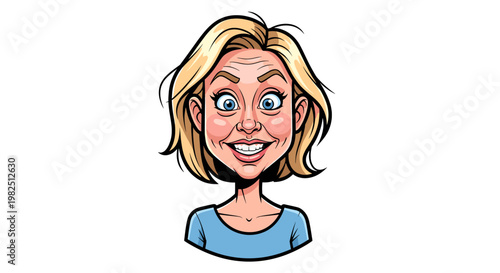 A cartoon illustration of a smiling blonde woman with blue eyes and wrinkles.