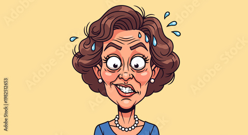 A cartoon illustration of an older woman looking stressed and anxious with sweat on her forehead.