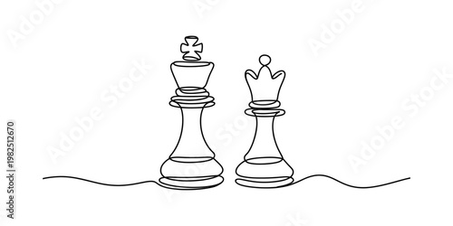 Minimalist one line drawing of a chess king and queen standing side by side on a plain background Vector, illustration