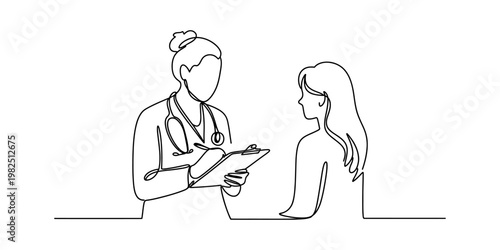 A continuous line drawing showing a doctor consulting with a patient during a medical checkup Vector, illustration