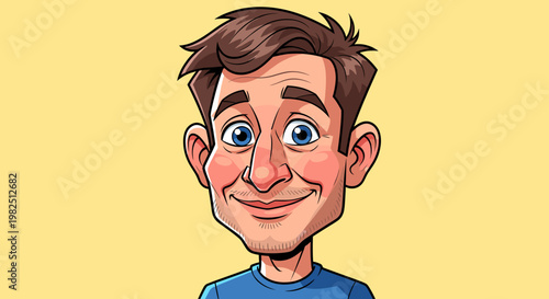 A friendly cartoon illustration of a smiling man with brown hair and blue eyes, wearing a blue shirt against a yellow background.