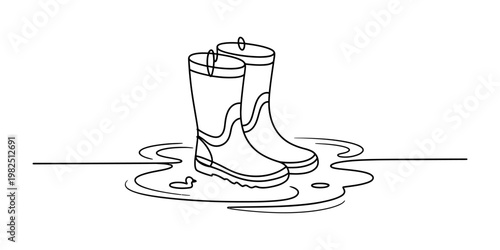 A simple black and white line drawing of a pair of rubber boots standing in a shallow water puddle Vector, illustration