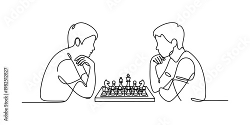 Continuous single line drawing of two people sitting and playing a competitive game of chess Vector, illustration