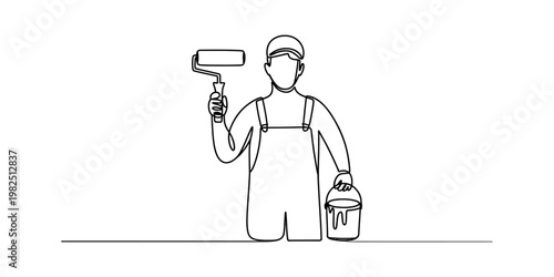 A single continuous line drawing of a professional painter wearing overalls and holding a roller Vector, illustration