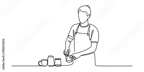 Continuous line drawing of a barista preparing a hot drink behind a counter with coffee mugs set Vector, illustration