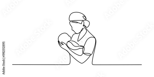 A single continuous line drawing of a nurse holding a newborn baby in a gentle and caring manner Vector, illustration