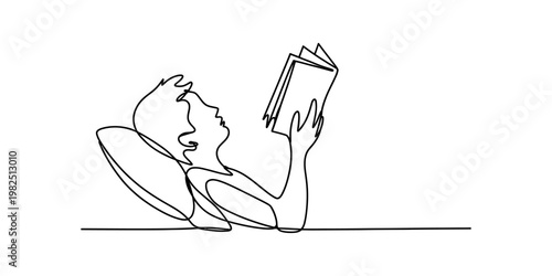 Minimalist continuous line drawing of a person resting and reading a book on a soft white pillow Vector, illustration