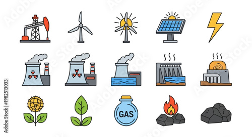 Energy production industrial icons set.