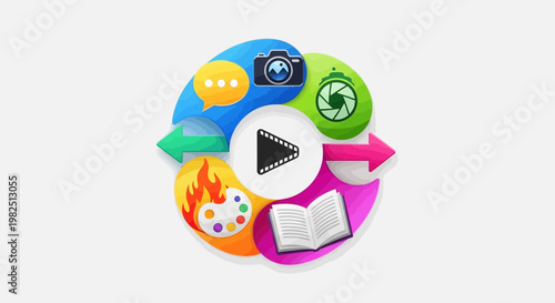 Colorful illustration of multimedia elements for digital content and design