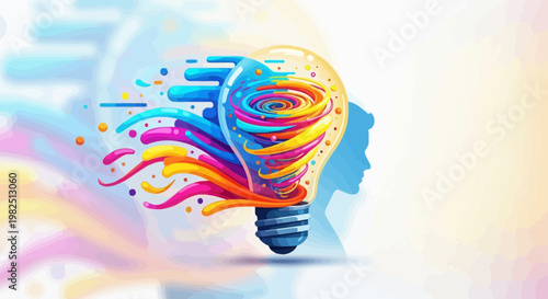 Colorful light bulb illustration with abstract flowing colors and idea concept