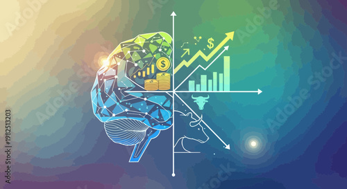 Conceptual brain illustration with financial growth charts and indicators