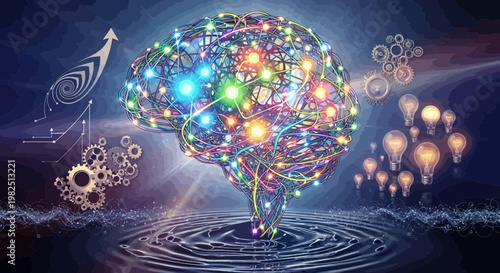 Conceptual brain illustration with interconnected lights ideas and technology